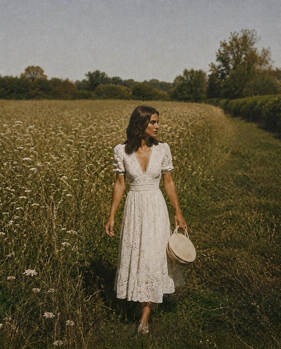 Petite model in an ivory eyelet midi dress with puff sleeves, walking through a sunlit wildflower field.