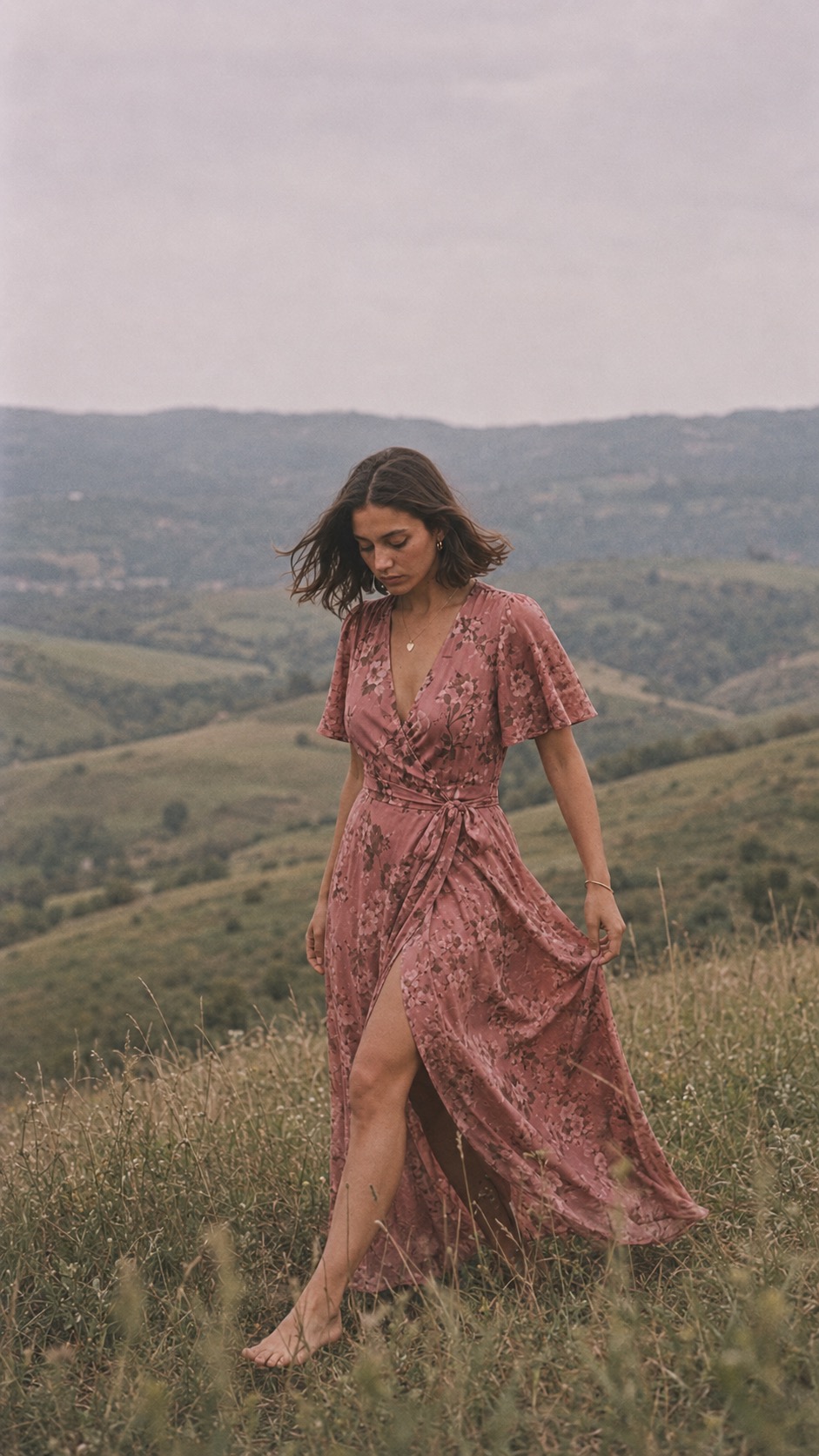 Petite woman in a dusty rose floral wrap dress walking through a hillside in soft afternoon light.