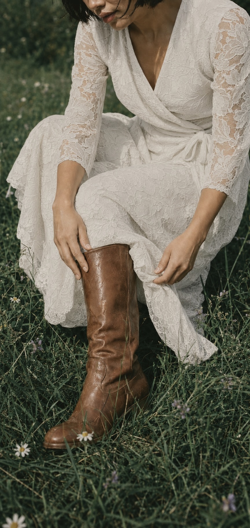 Ivory lace petite dress styled with worn brown leather boots in a wildflower meadow