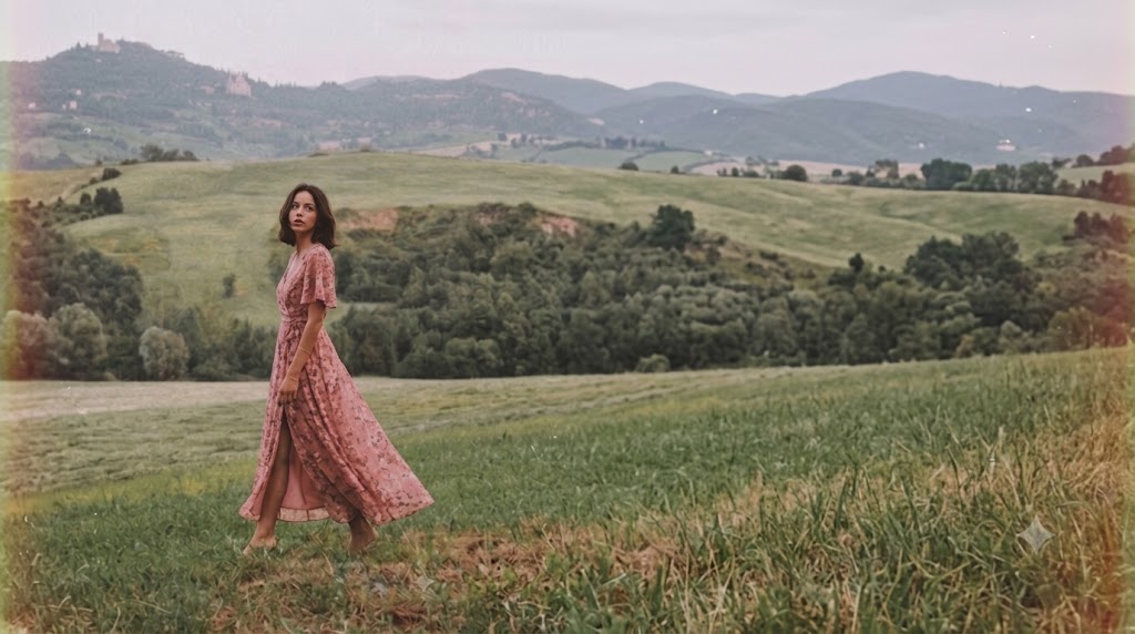 Nectar Petite editorial — Tuscany rose field walking shot
