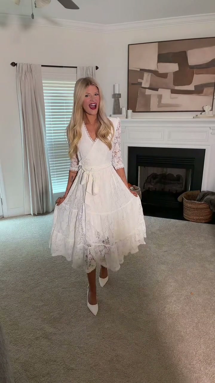 Katelyn wearing the Maribel lace dress, size XS