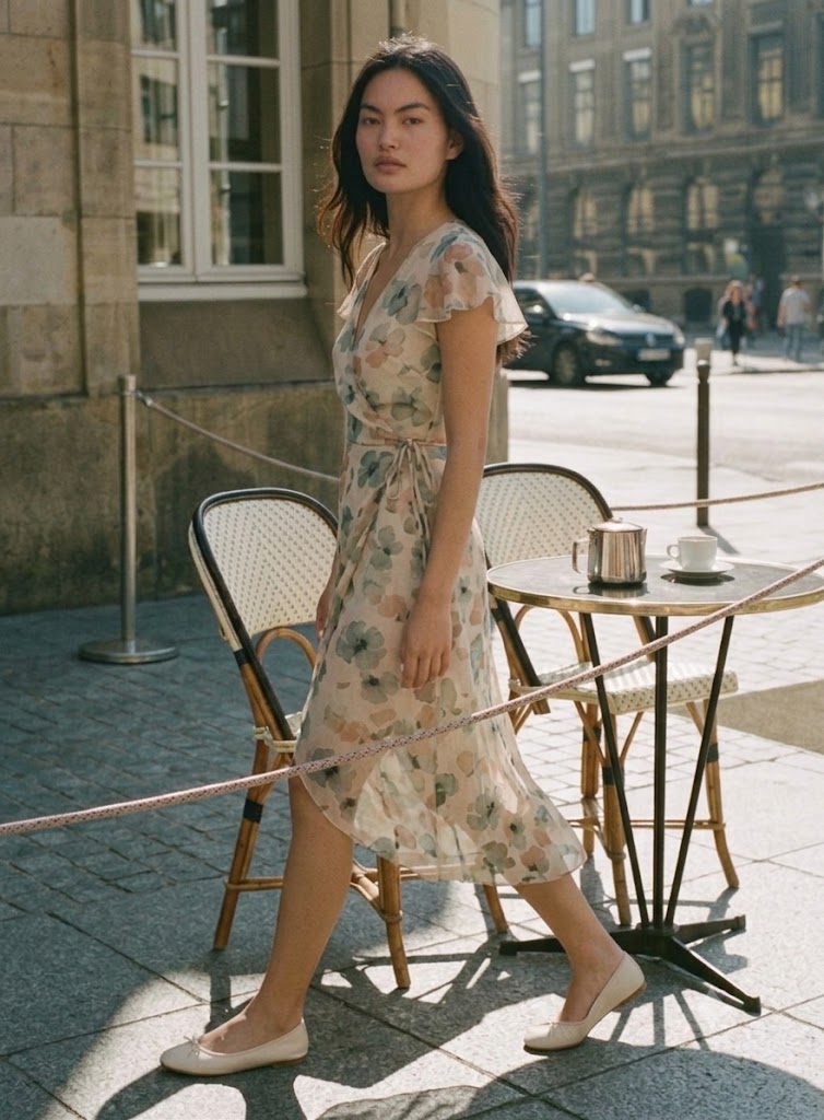 Woman in sage watercolor floral wrap dress walking past a café