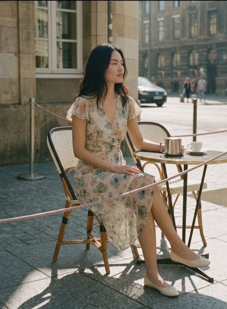 Woman in a sage watercolor floral wrap dress seated at a Parisian café