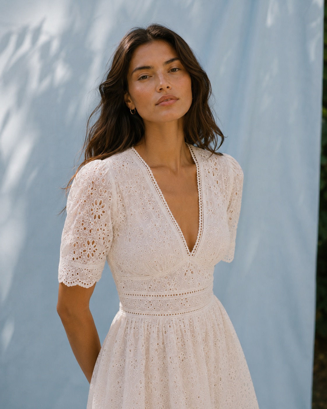 Close detail of the corded lace bodice and finished seams on the Maribel dress