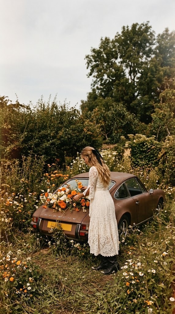 Woman wearing an ivory lace dress and black boots beside a vintage car covered in flowers in a garden