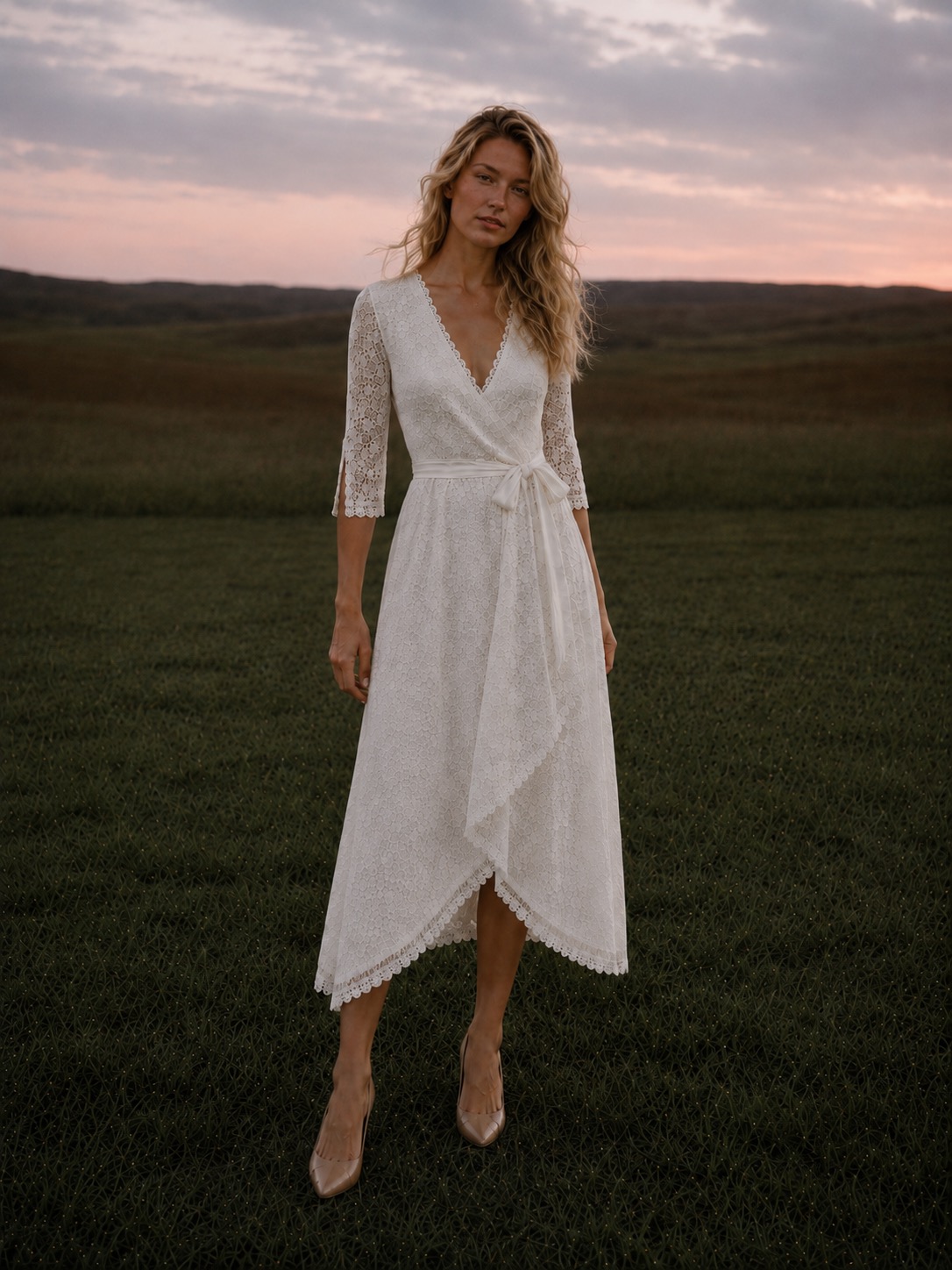 Woman in ivory lace dress standing in a field at sunset
