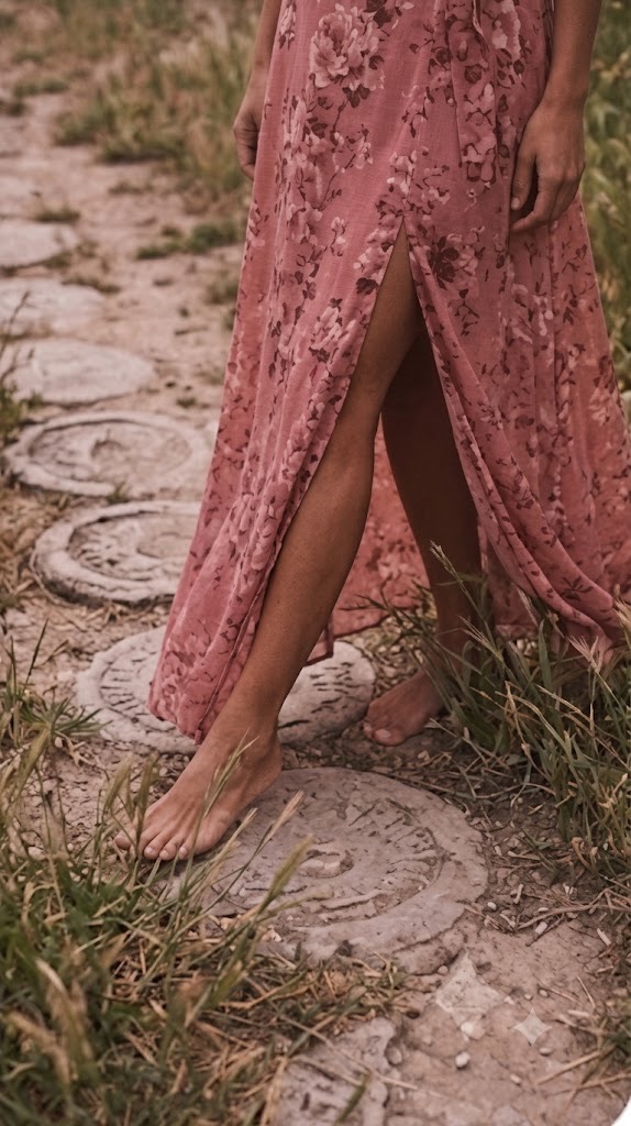 Detail of bare feet in a dusty rose floral wrap dress walking along a garden stone path