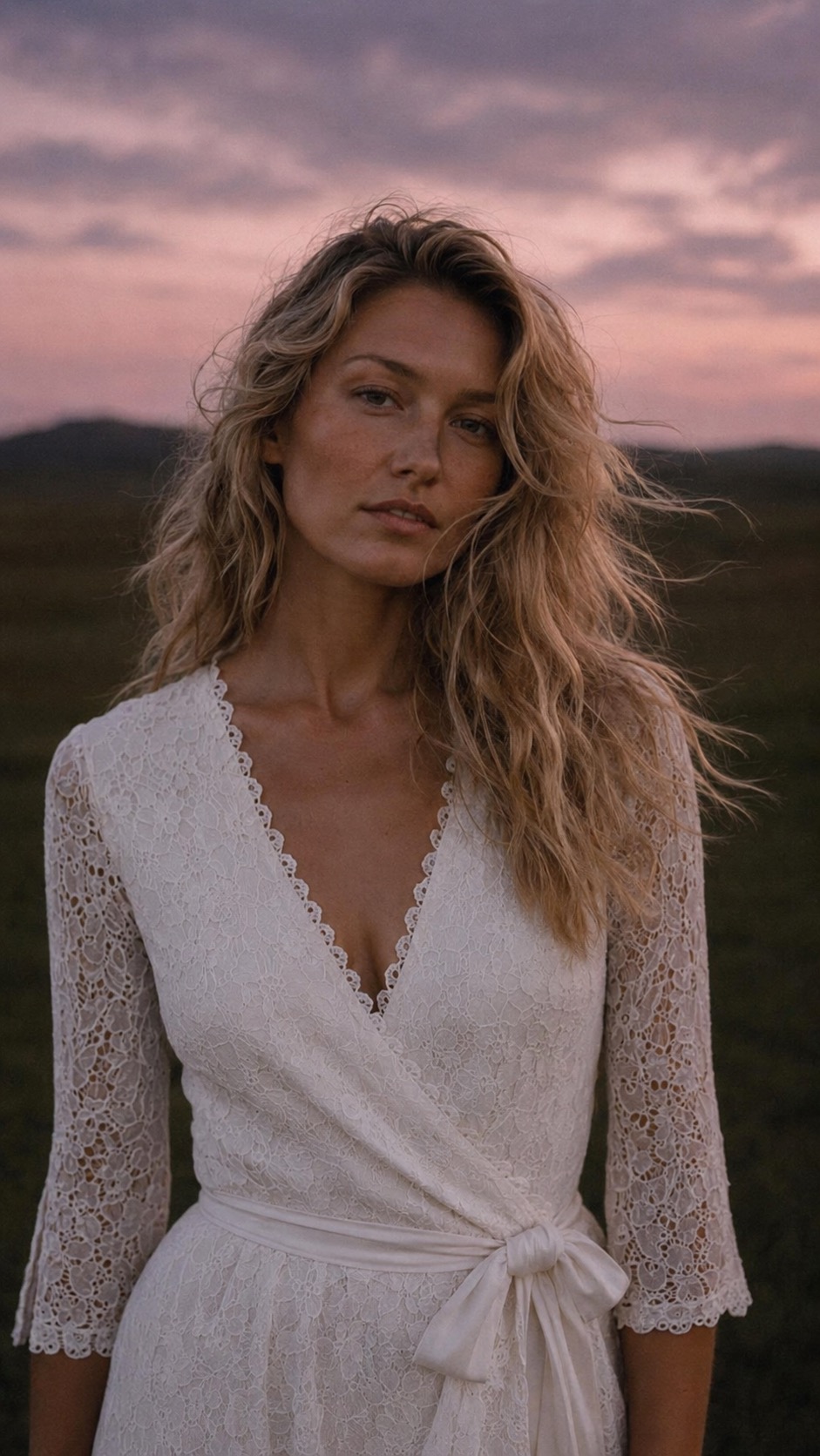 Petite woman in an ivory lace v-neck dress at sunset, styled as a warm-weather wedding guest.