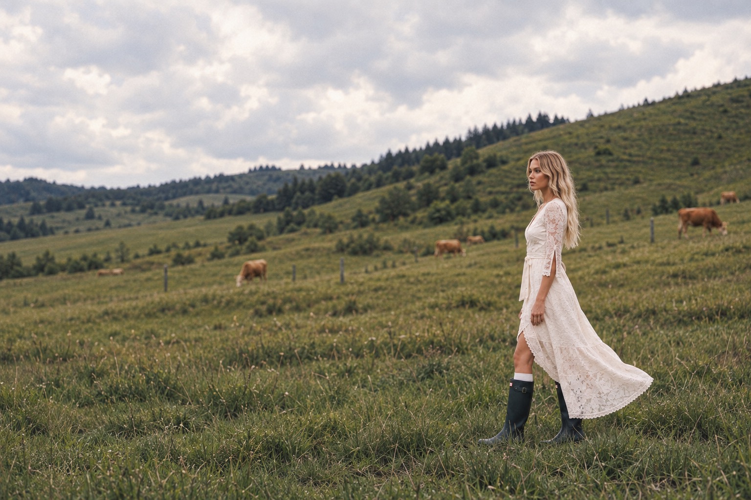 Model in the Maribel ivory lace wrap dress and dark boots walking across a wildflower pasture, with grazing cattle and a wooded ridge behind her.